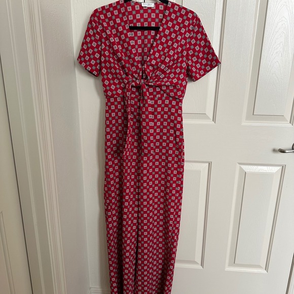 Sandro Paris Red "Laith" Geometric Tile Print Tie-Front Wide Leg Jumpsuit US 4 - Picture 5 of 11